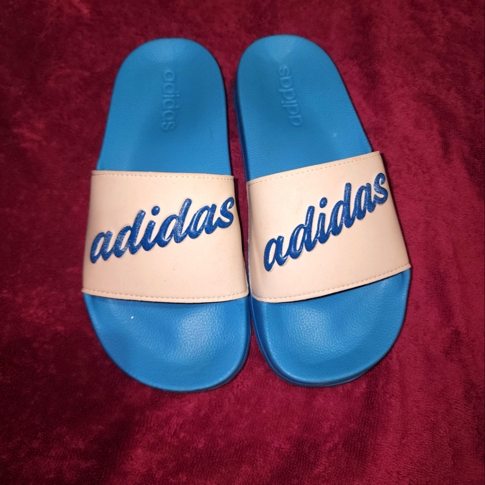 Blue & White Adidas slides
